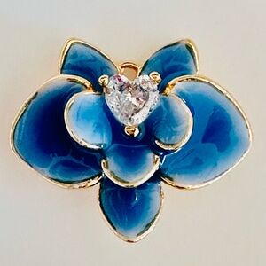 Blue Floral Enamel Pendant with Heart-Cut Crystal Accent